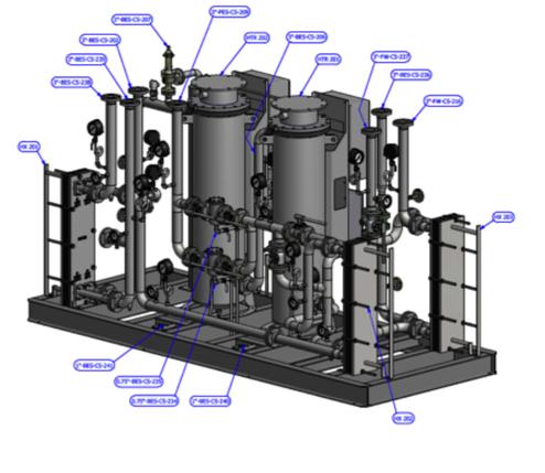 CGS heater skid design render with labeled vessels, heat exchangers, valves and pipework